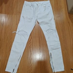 MNML Distressed White Zipper Denim